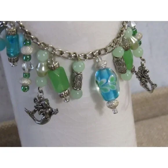 Handmade Mermaidcore Charm Bracelet - Seafoam & Teal Nautical Jewelry - Picture 2 of 10